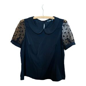 Allegra K Black Blouse with Sheer Polka Dot Sleeves